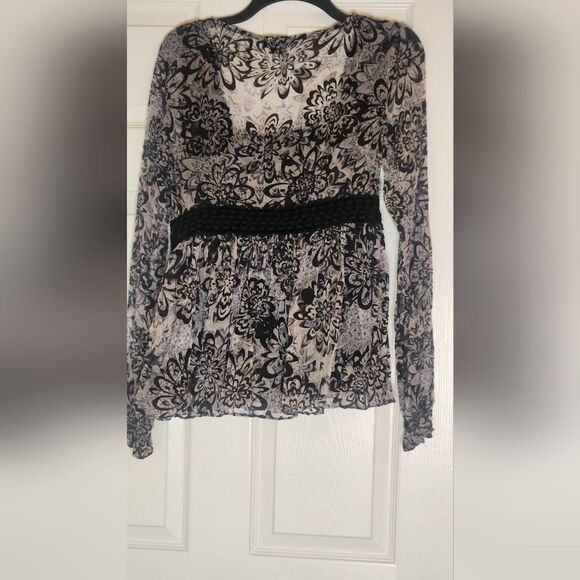 Eci 8 Gray Black 100% SILK LSlv Zipp Flocking Floral Print V-neck Women Blouse - Picture 12 of 12